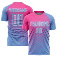 Maillot de football personnalisé bleu clair, rose et blanc, sublimé