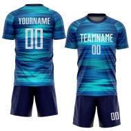 Maillot de football personnalisé bleu clair, blanc et noir, sublimation Maillot de football personnalisé bleu clair, blanc et noir, sublimation