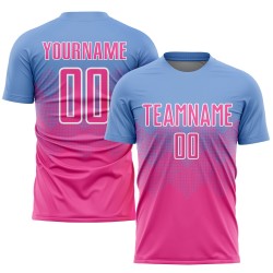 Maillot de football personnalisé bleu clair, rose et blanc, sublimé