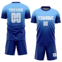 Maillot de football personnalisé bleu clair, blanc et bleu royal, effet dégradé par sublimation