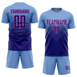 Maillot de football personnalisé bleu clair, violet foncé et rose, sublimation