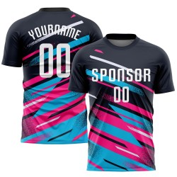 Maillot de football personnalisé à sublimation bleu marine, blanc, rose et bleu clair
