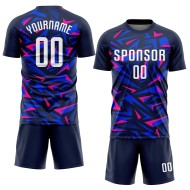 Maillot de football personnalisé à sublimation bleu marine, blanc et rose