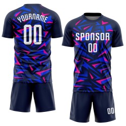 Maillot de football personnalisé à sublimation bleu marine, blanc et rose