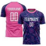 Maillot de football personnalisé à sublimation bleu marine, blanc et rose