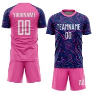 Maillot de football personnalisé à sublimation bleu marine, blanc et rose Maillot de football personnalisé à sublimation bleu marine, blanc et rose