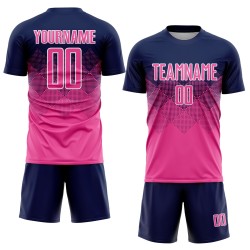 Maillot de football personnalisé bleu marine rose et blanc par sublimation