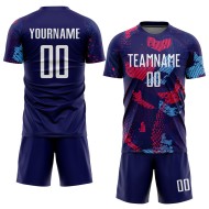 Maillot de football personnalisé à sublimation bleu marine, blanc et bleu clair Maillot de football personnalisé à sublimation bleu marine, blanc et bleu clair