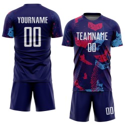 Maillot de football personnalisé à sublimation bleu marine, blanc et bleu clair