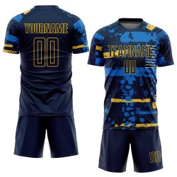 Maillot de football personnalisé bleu marine et or par sublimation